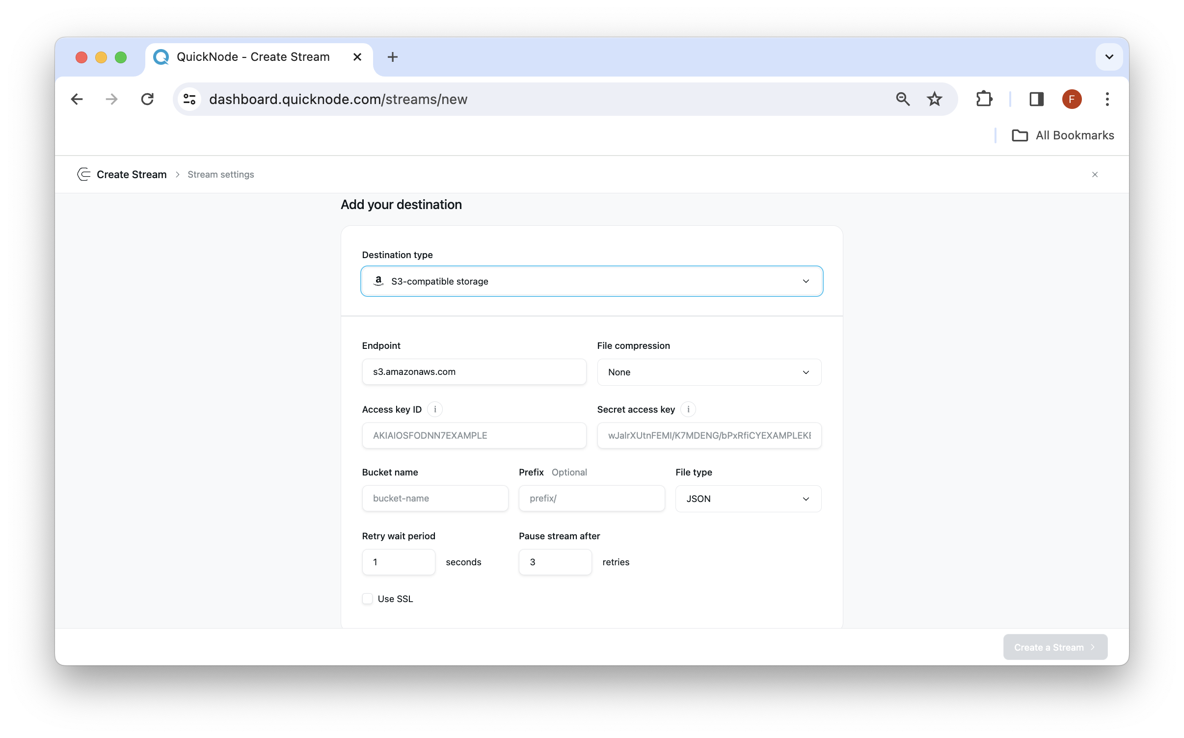 Destination Settings S3