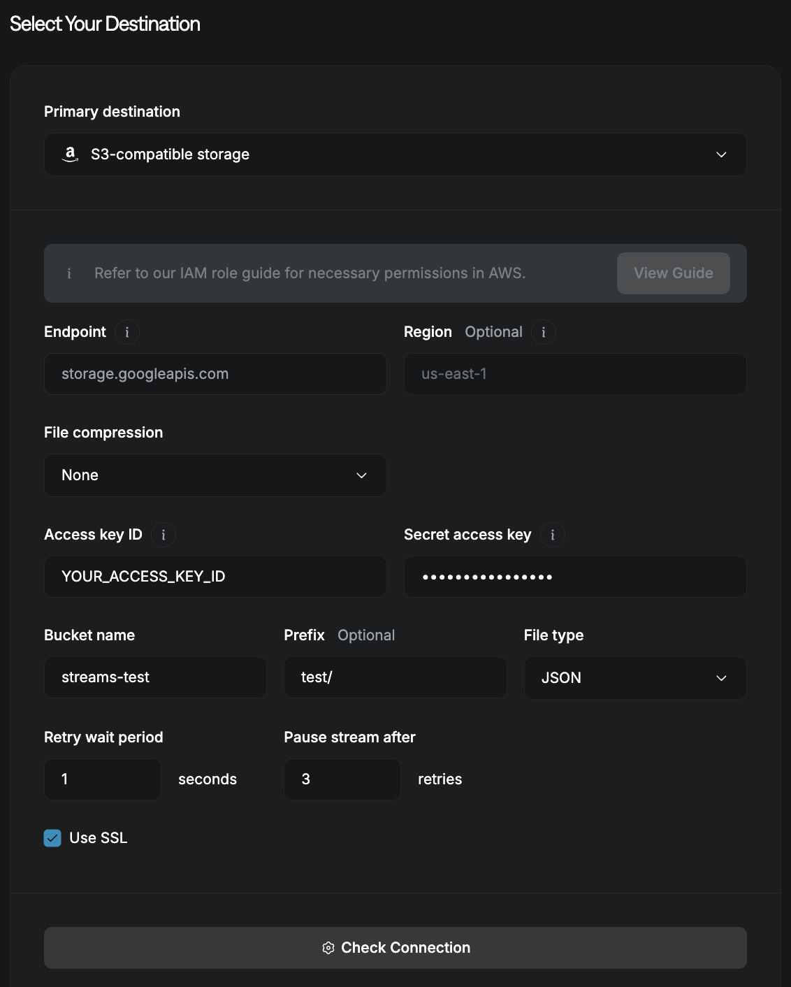 GCP Cloud Storage configuration in Streams