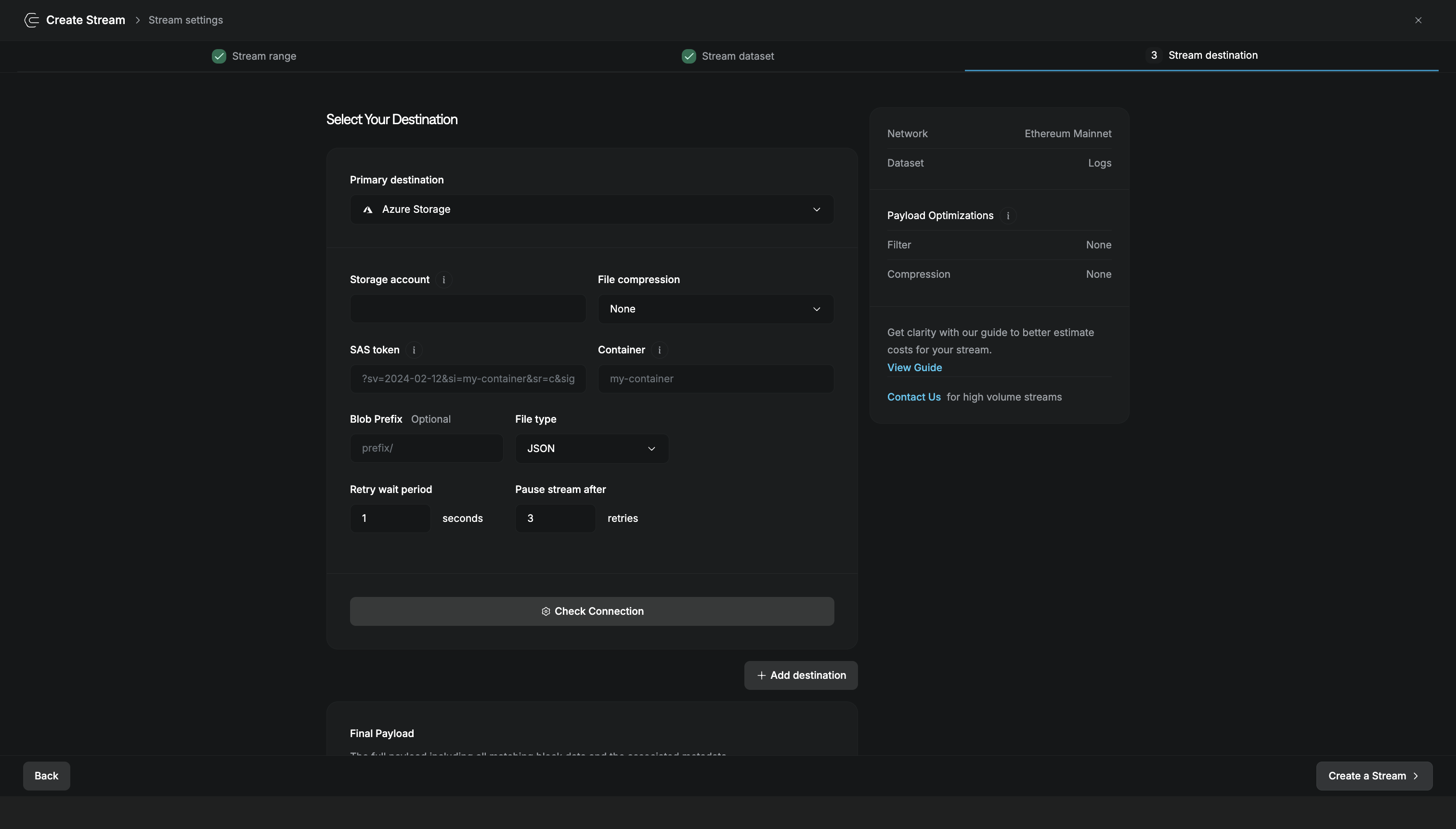 Azure Blob Storage destination configuration