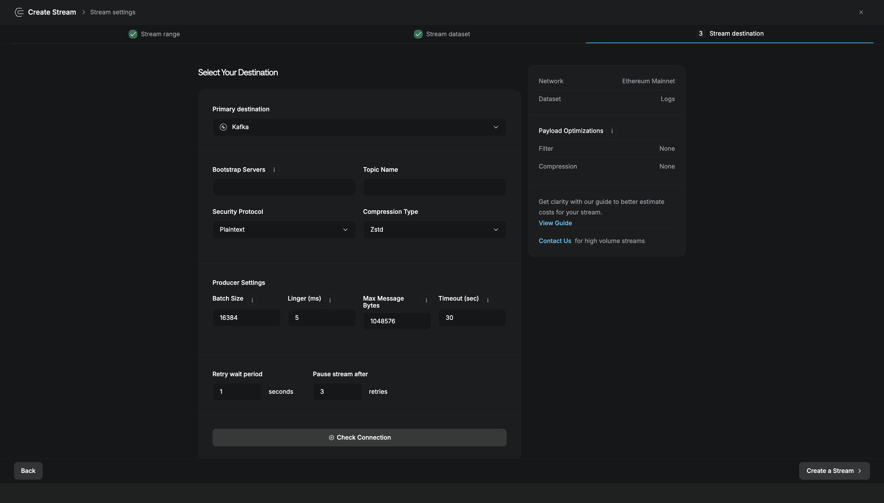 Kafka destination configuration