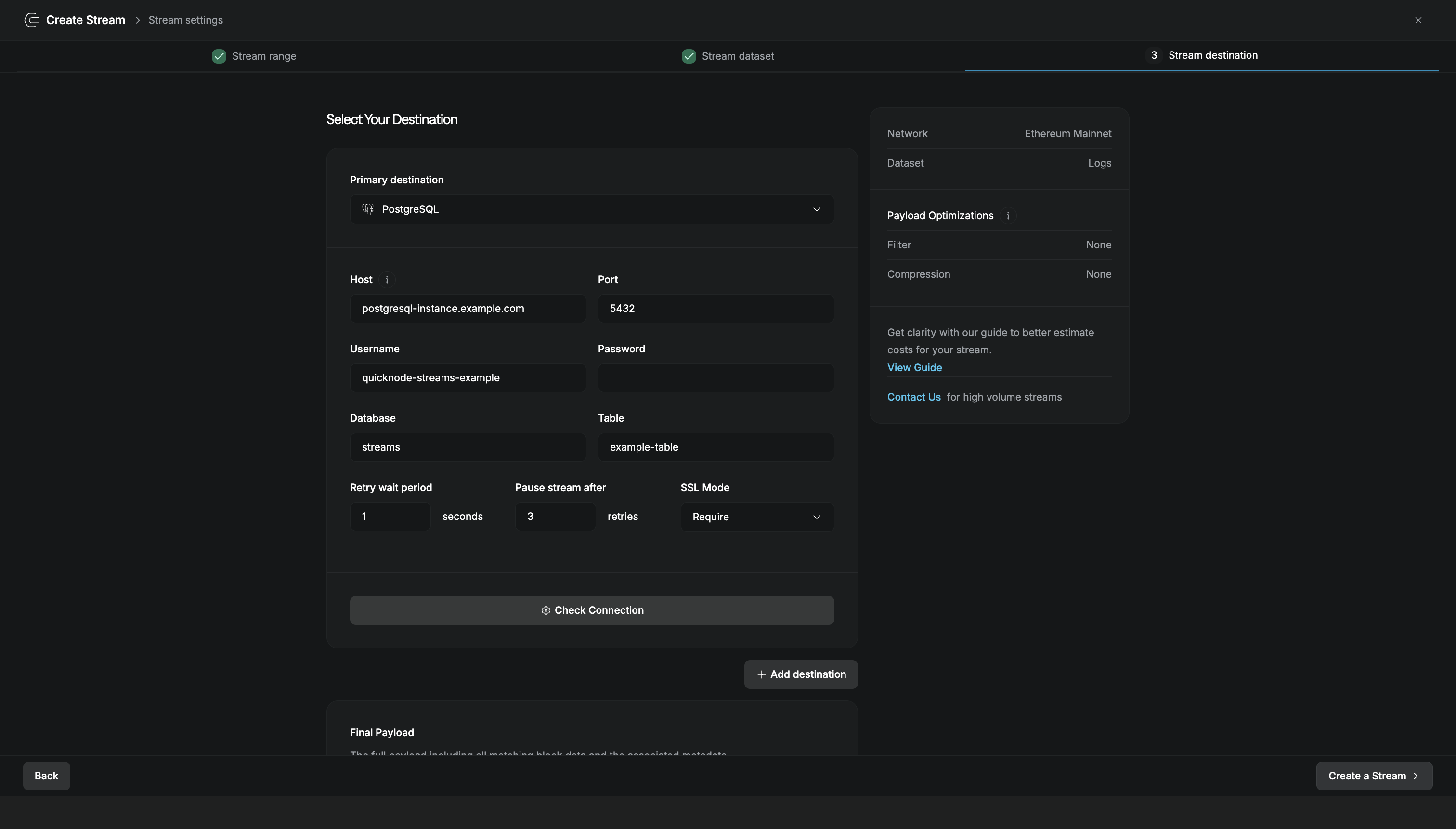 PostgreSQL destination configuration