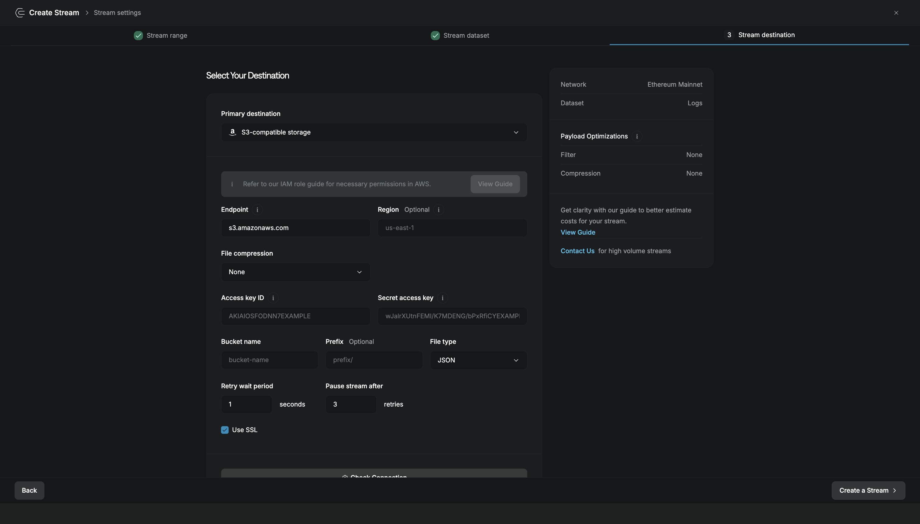 S3 destination configuration