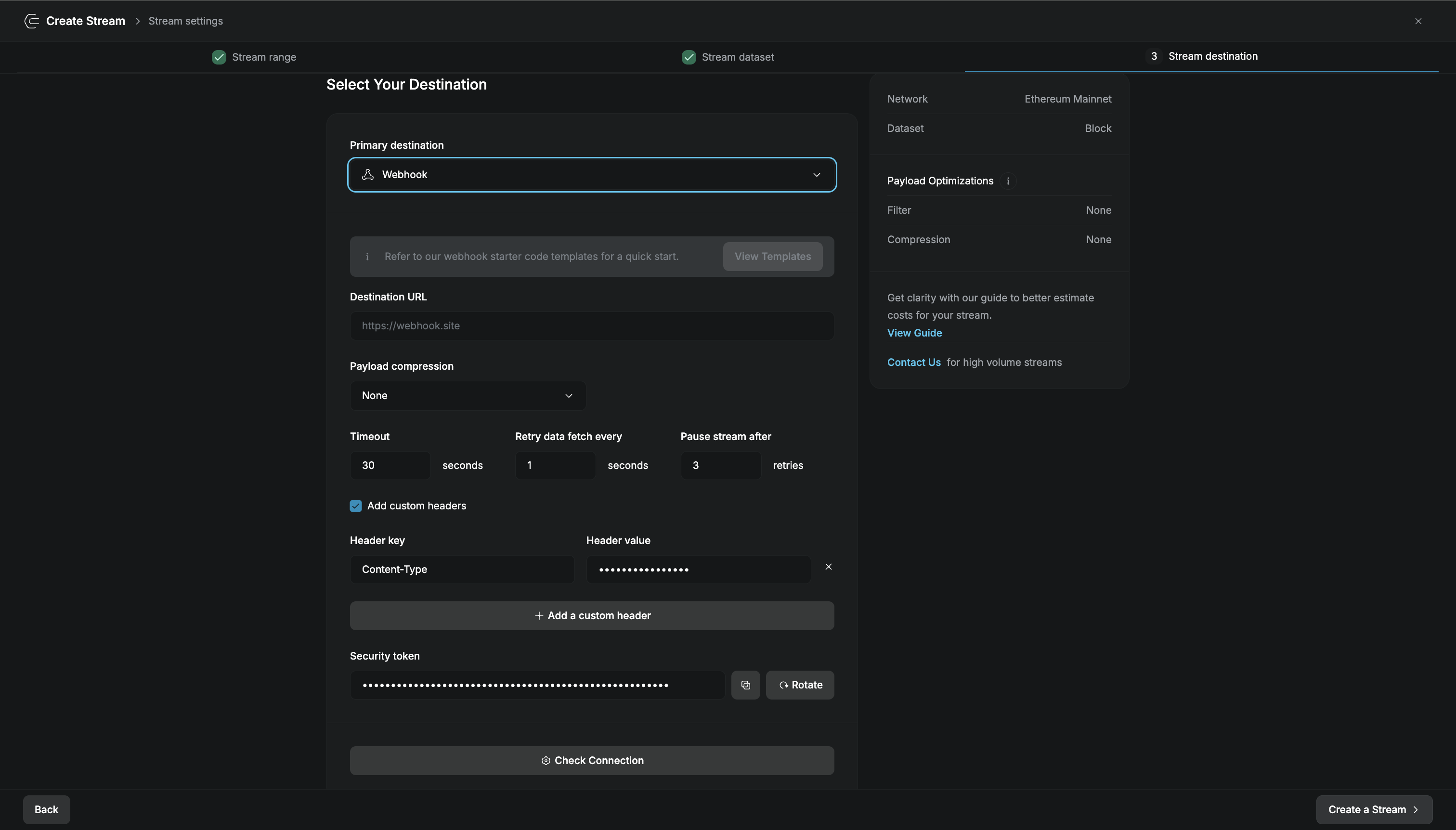Webhook destination configuration
