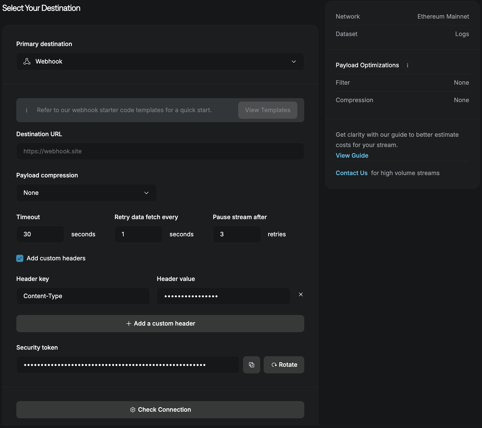 Webhook destination configuration
