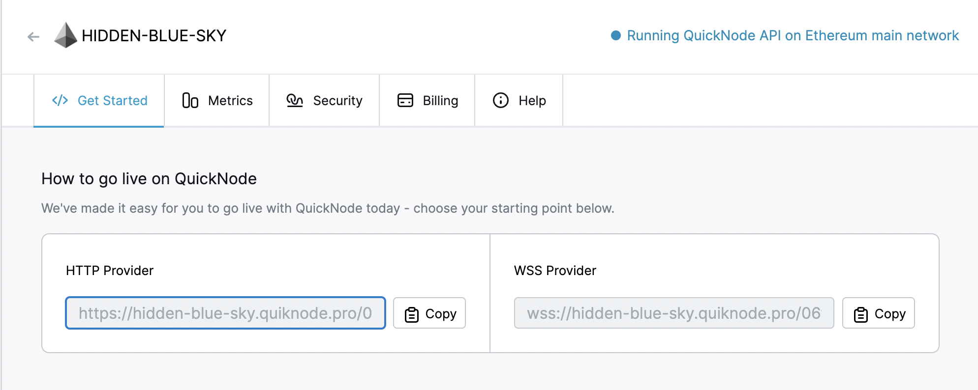 QuickNode dashboard