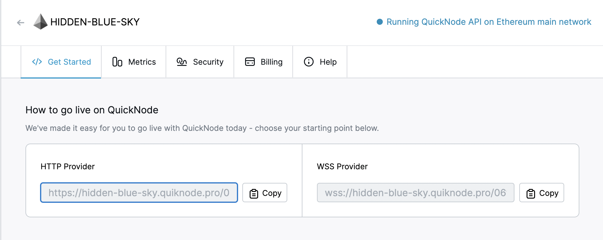A screenshot of the Getting Started page on QuickNode with HTTP and WSS links for the Ethereum endpoint