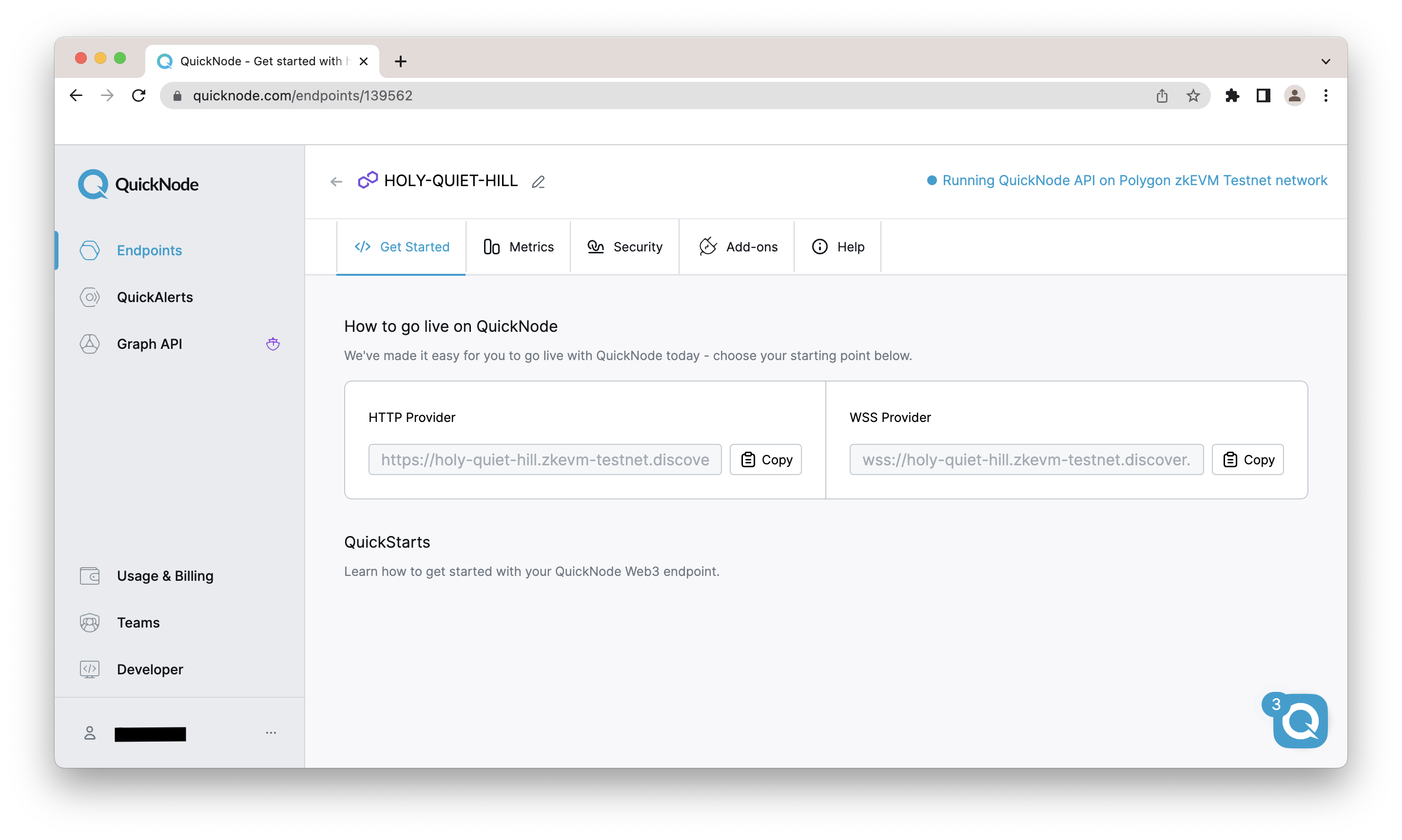 QuickNode Polygon zkEVM Endpoints Page