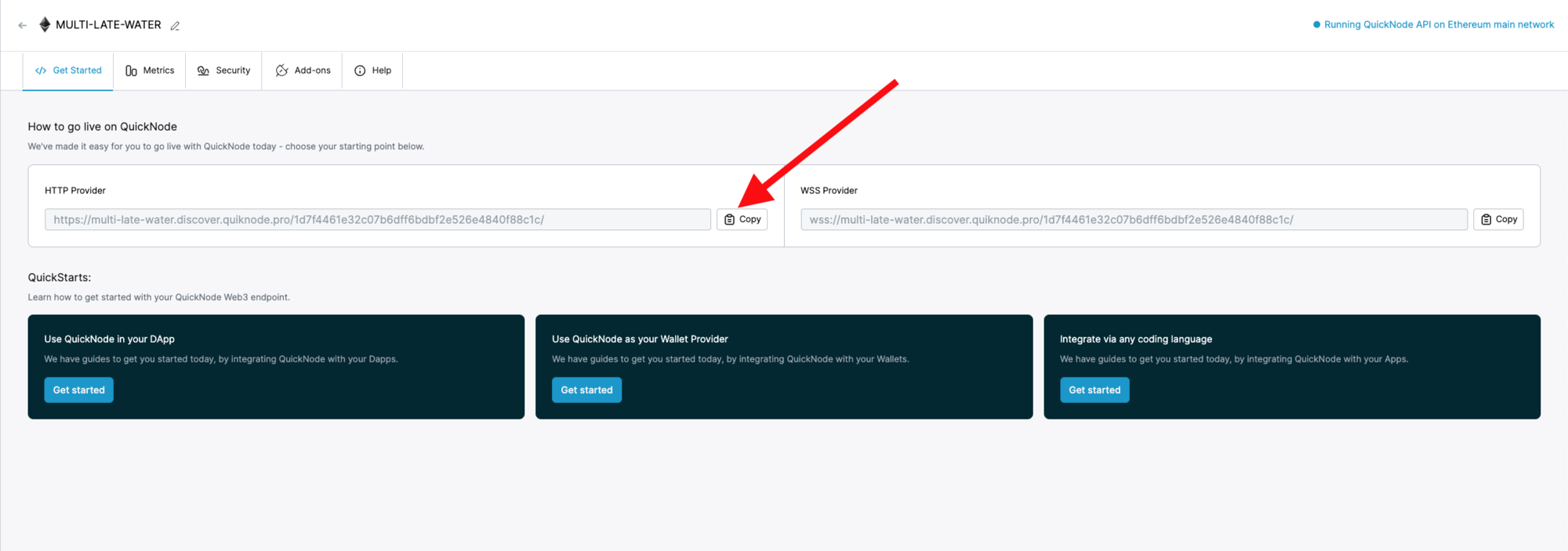 Screenshot of QuickNode endpoint dashboard