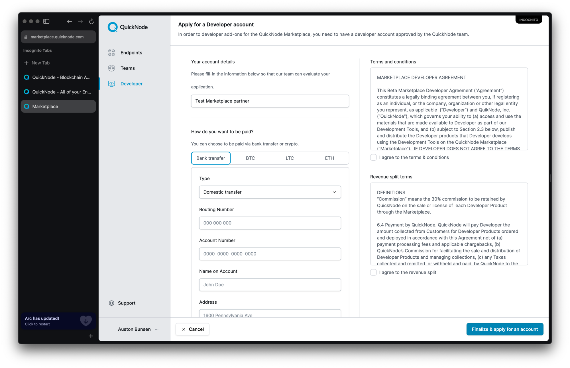 Marketplace account application form