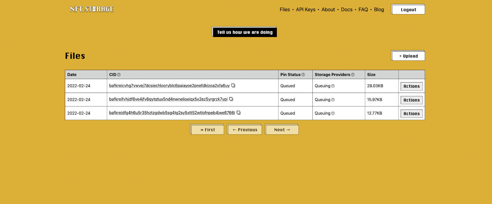 NFT Storage UI showing table of uploaded files.