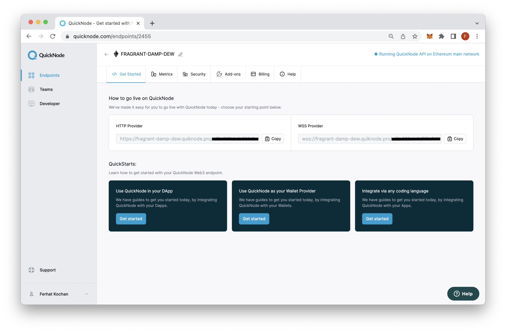 QuickNode endpoints page