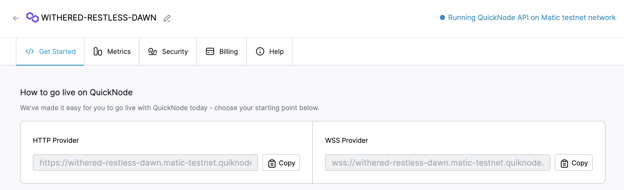 Screenshot of Quicknode Mumbai Endpoint