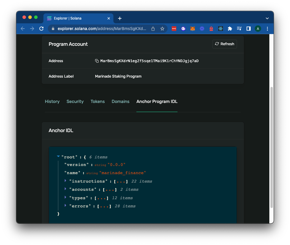 &quot;Solana Explorer: Marinade Staking Program IDL&quot;