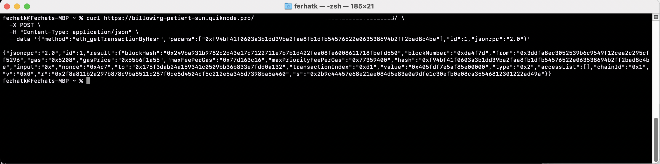 Image of terminal containing curl command for eth_getTransactionByHash method