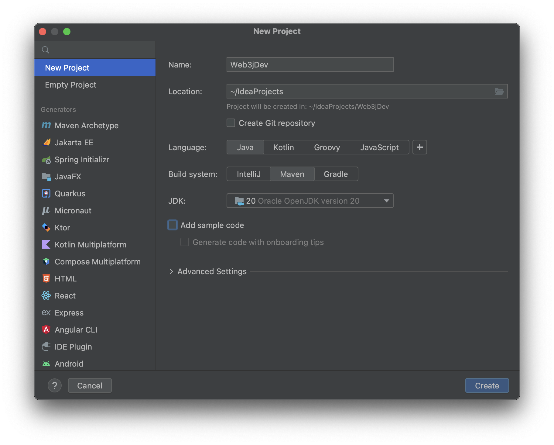 New Project on IntelliJ