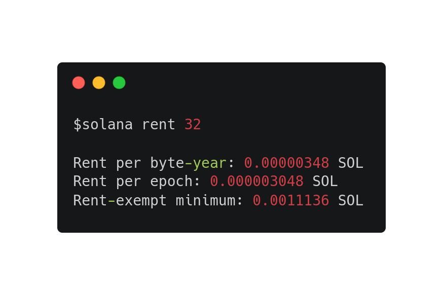 A terminal window showing the Solana rent command being run