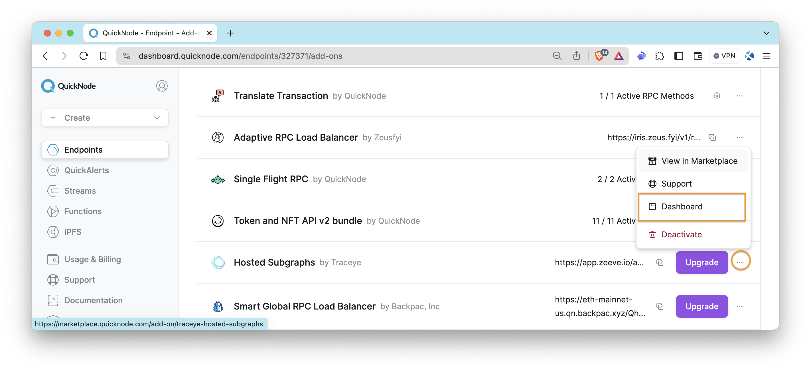 QuickNode / Traceye Add-on Tab