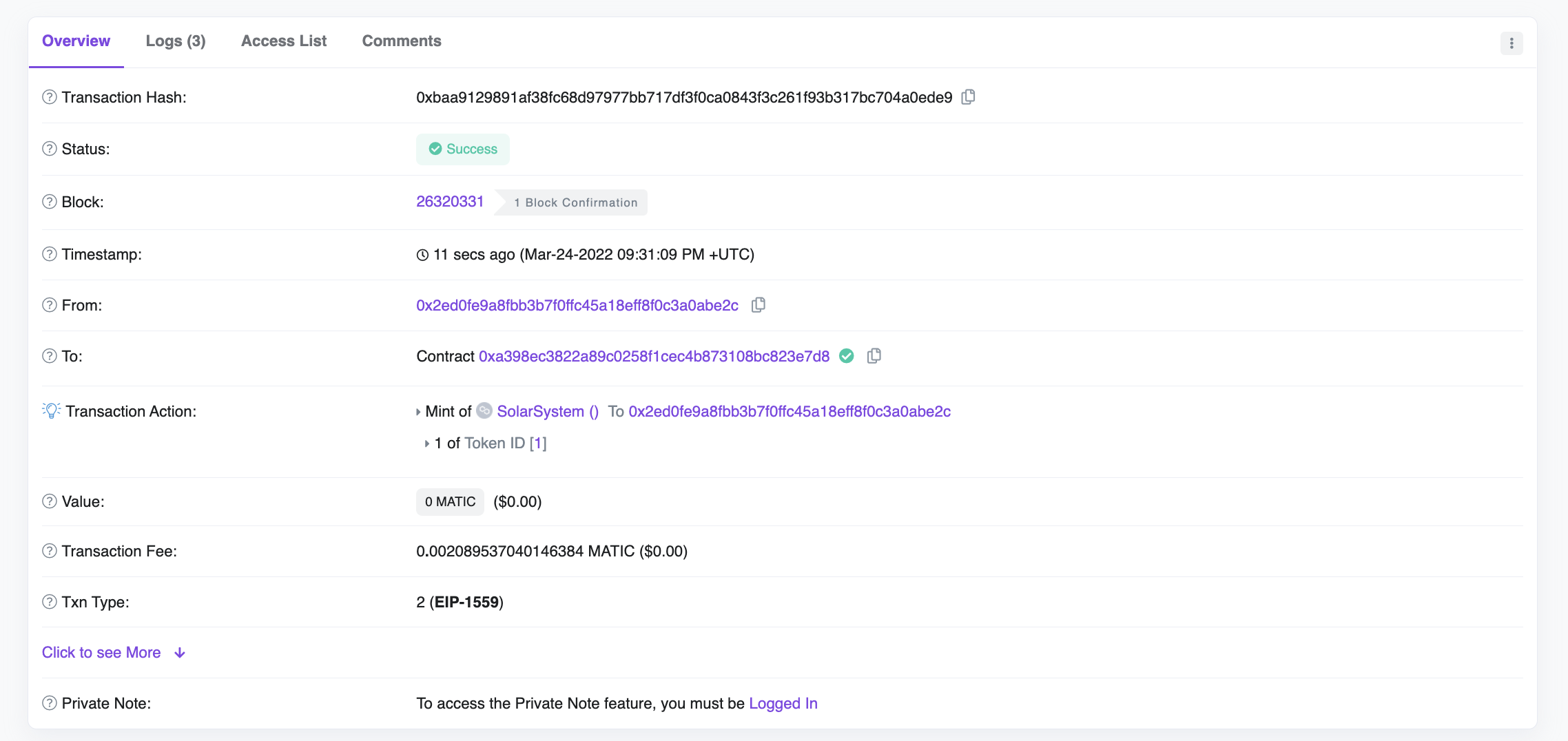 Transaction receipt on Polygonscan for the function call mintERC1155