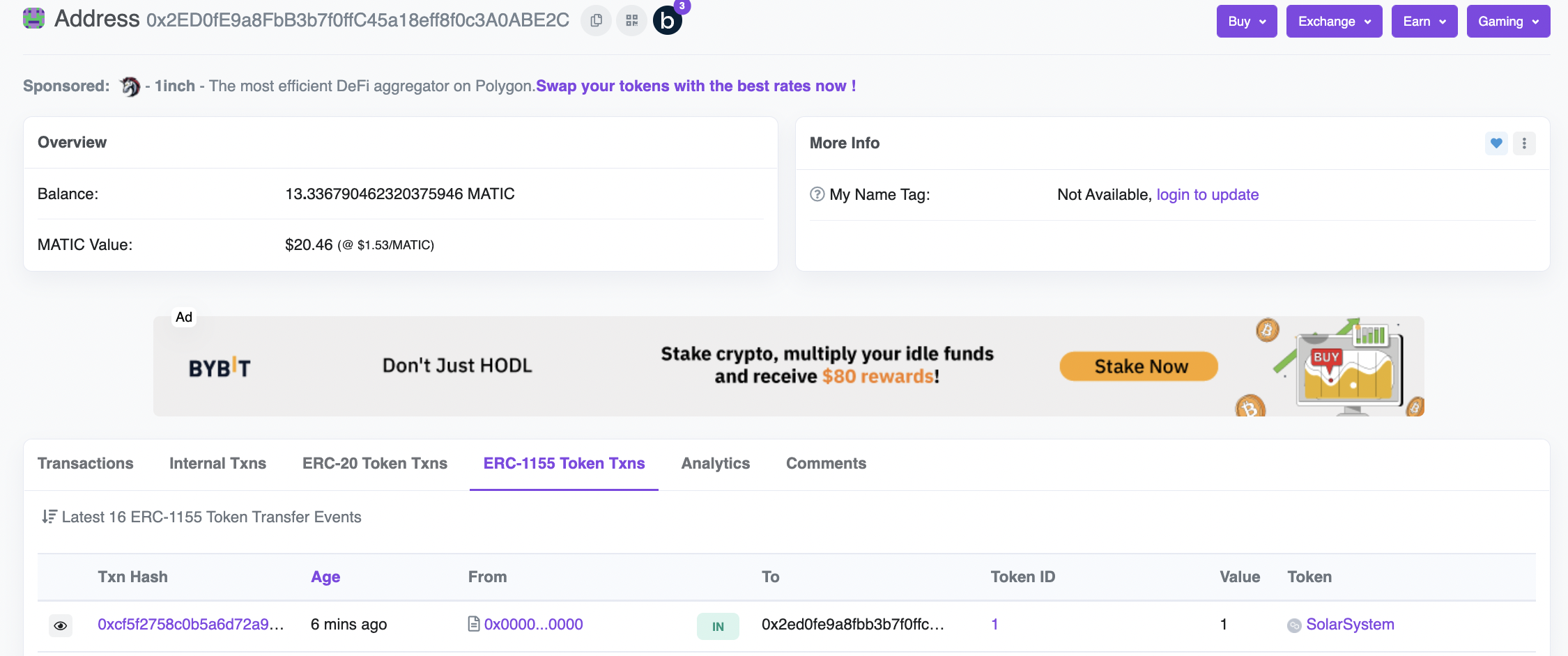 Wallet activity on polygonscan showing ERC-1155 tokens