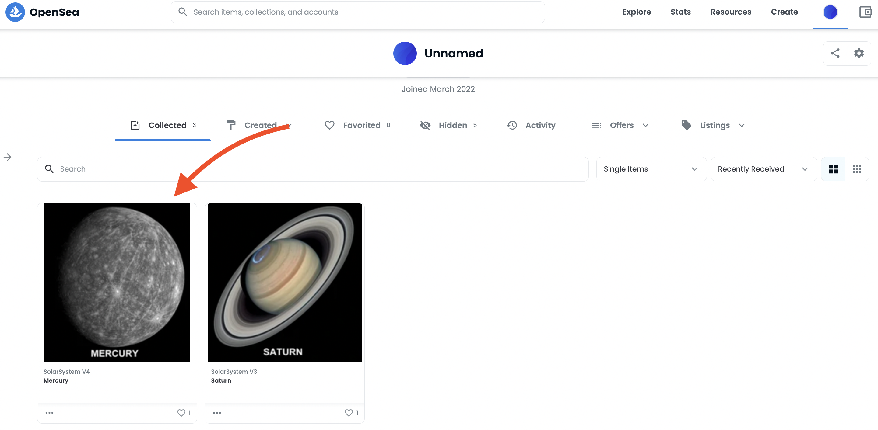 OpenSea page containing minted NFT of Mercury