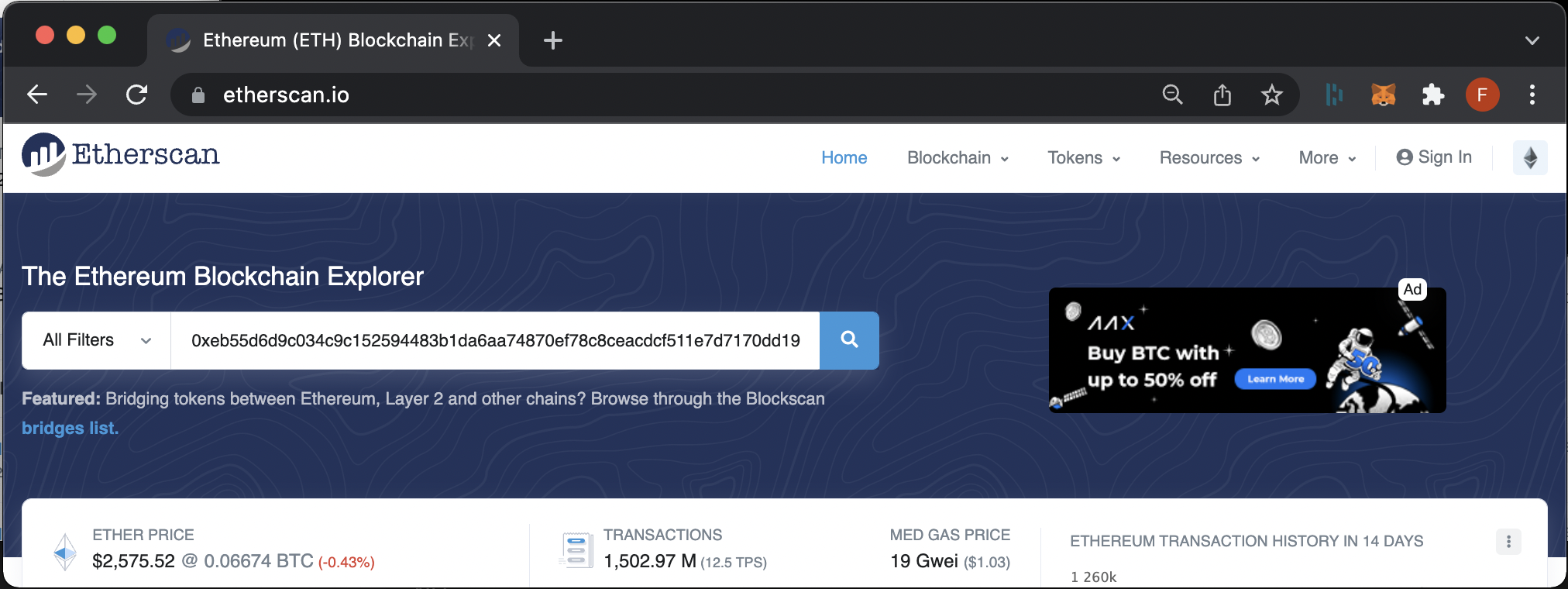 Searching transaction hash on Etherscan