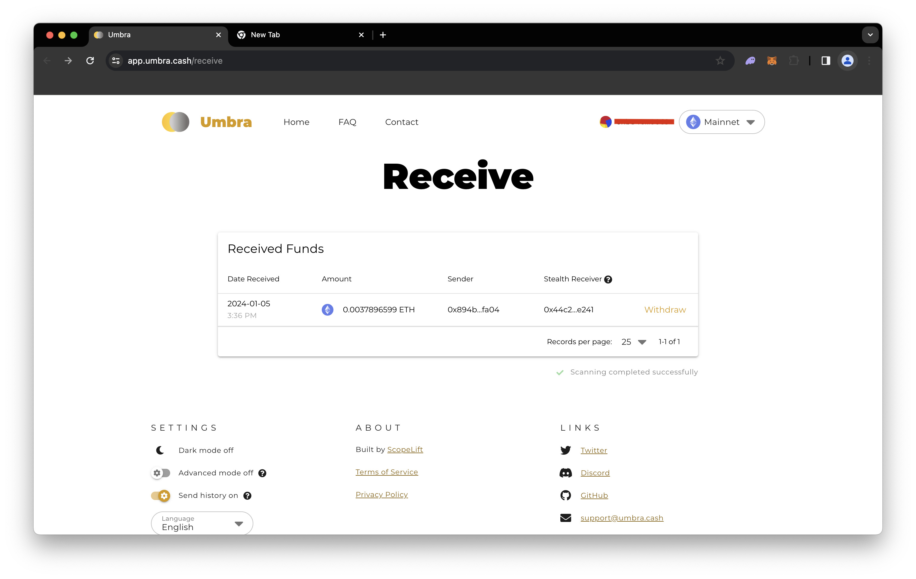 Receive - Umbra Cash