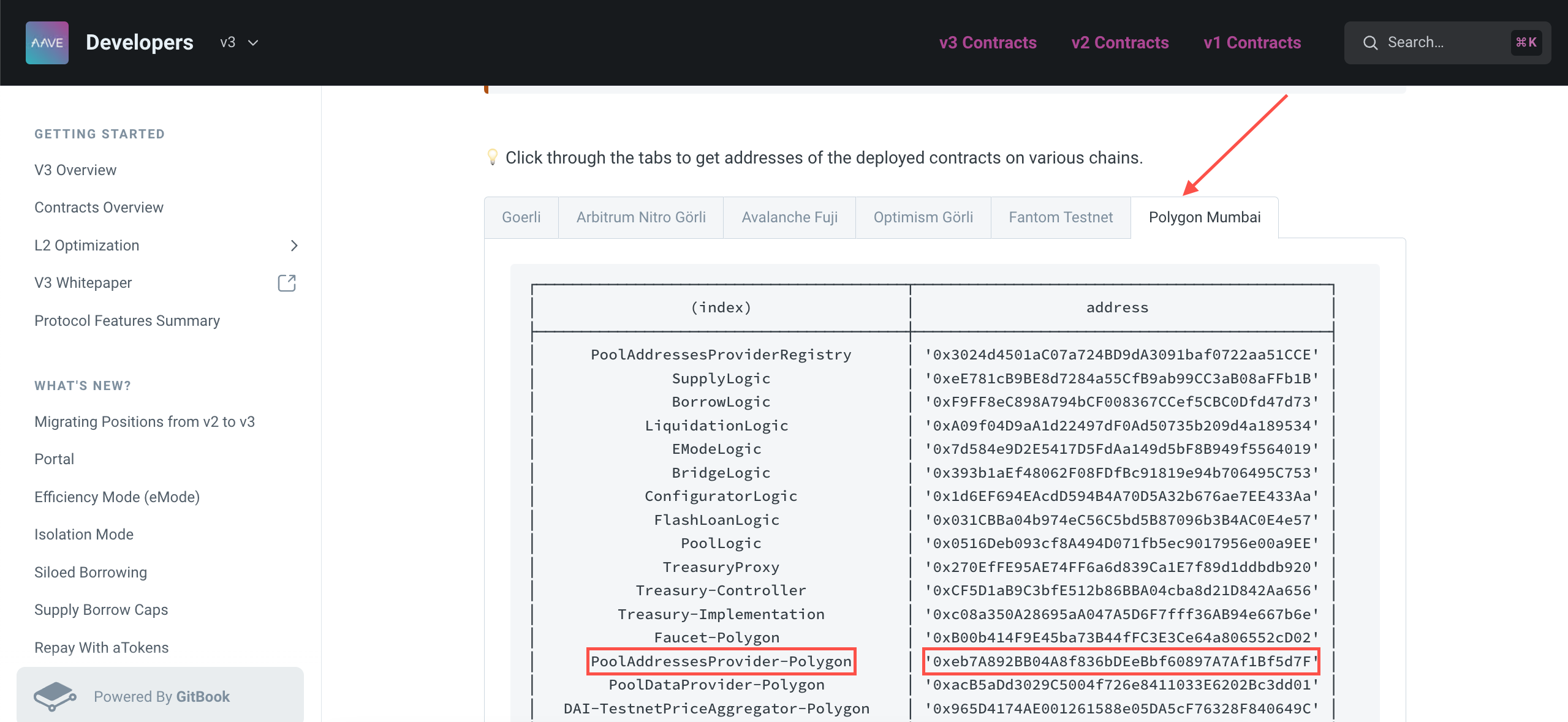 Aave Docs with PoolAddressesProvider address for Polygon Mumbai Testnet