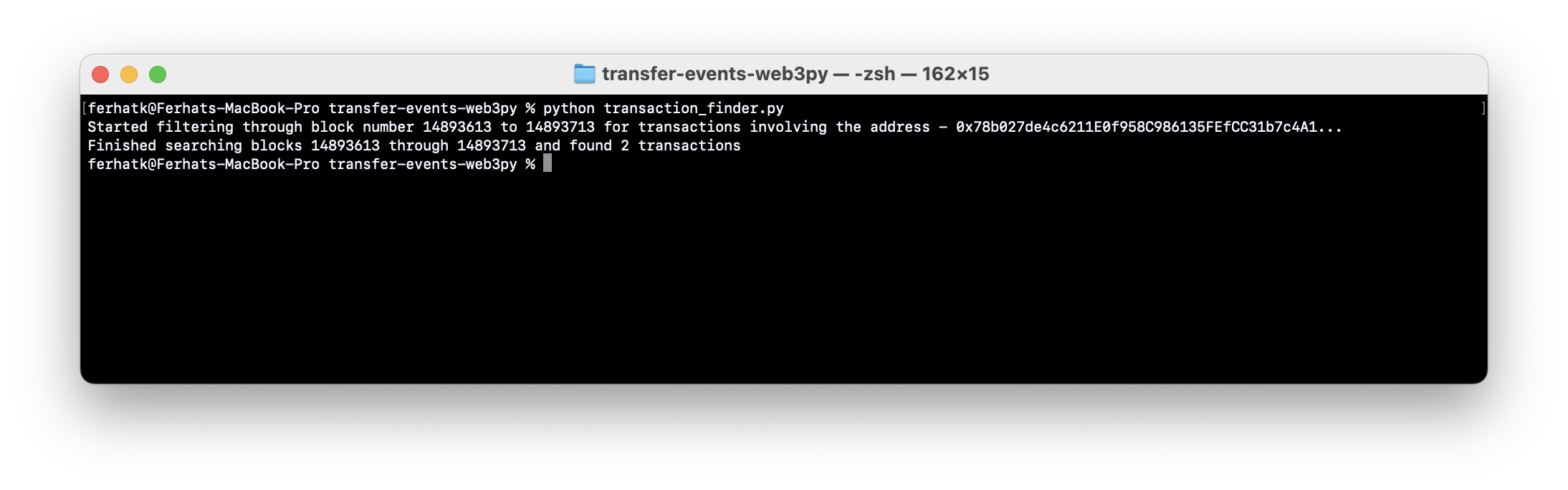Terminal output from transactionfinder.py script