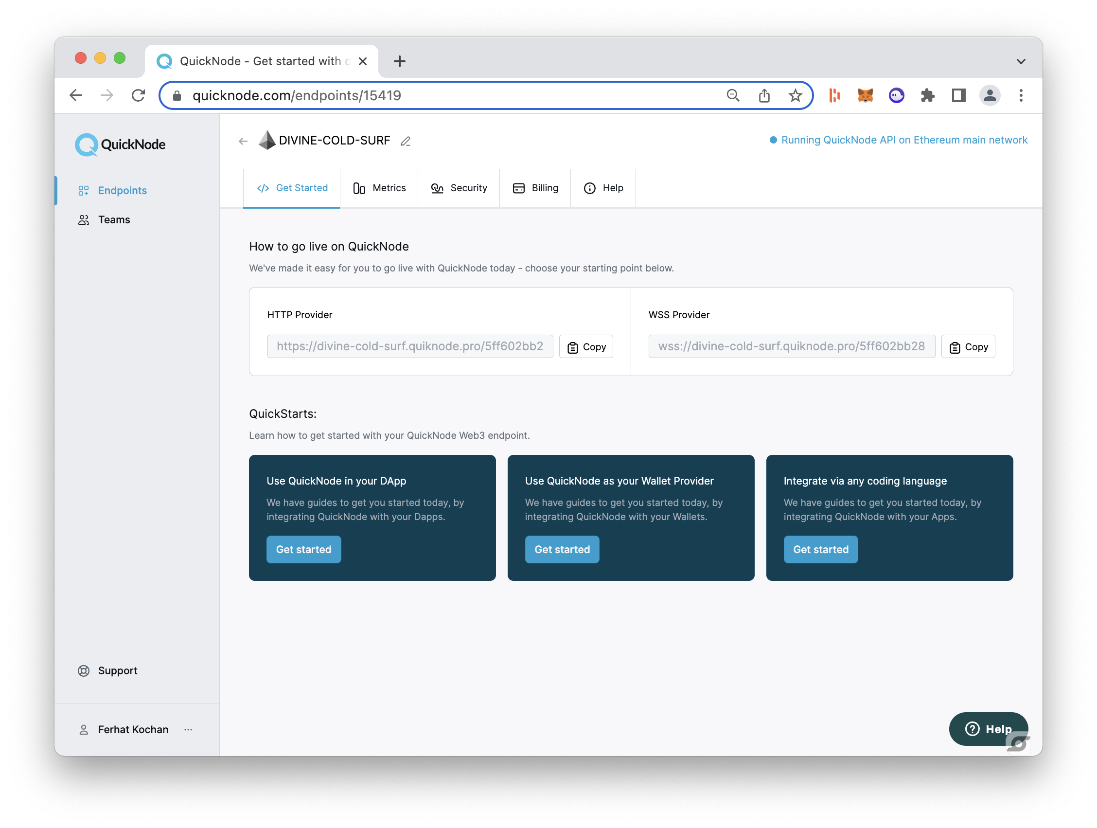 Quicknode Endpoints page