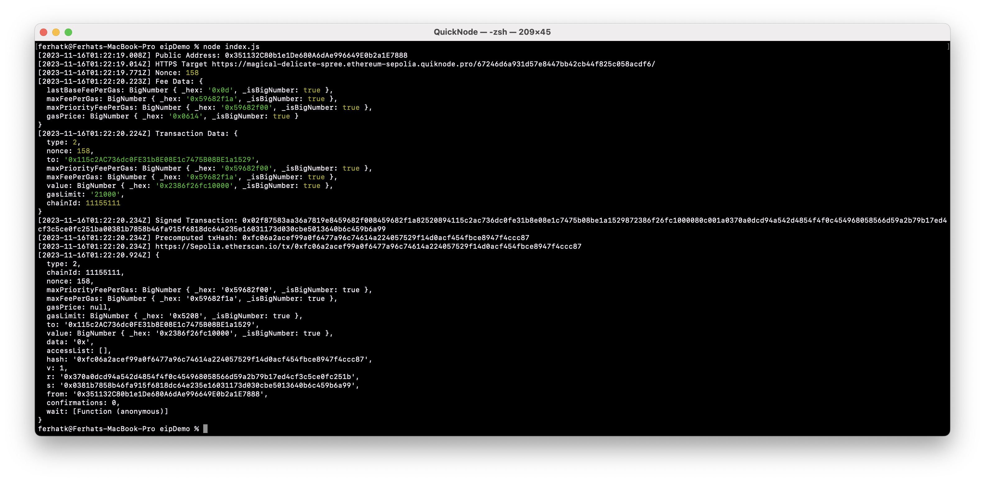 Terminal output of running node index.js