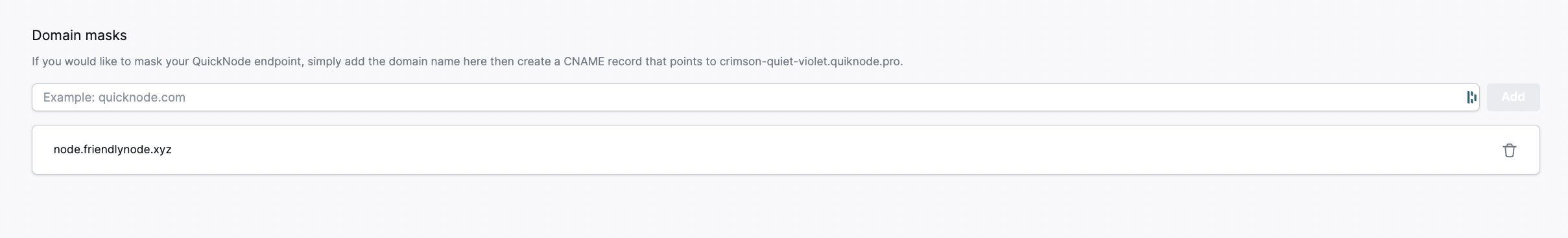 Screenshot of Domain Masking Section on Quicknode