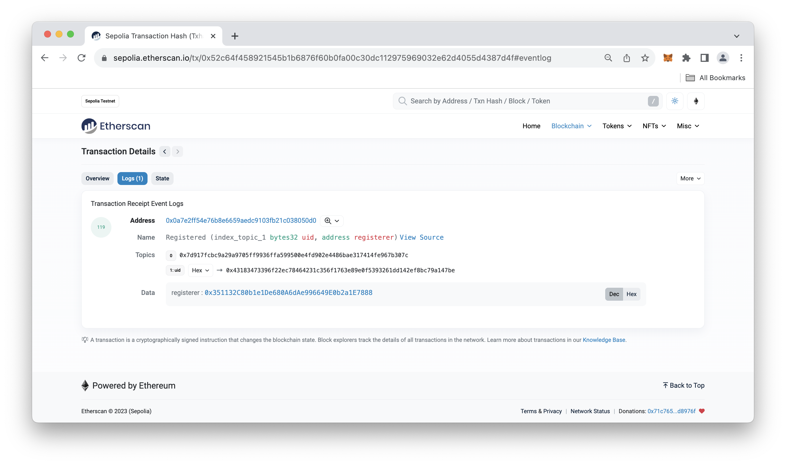 Etherscan Attestation Log output