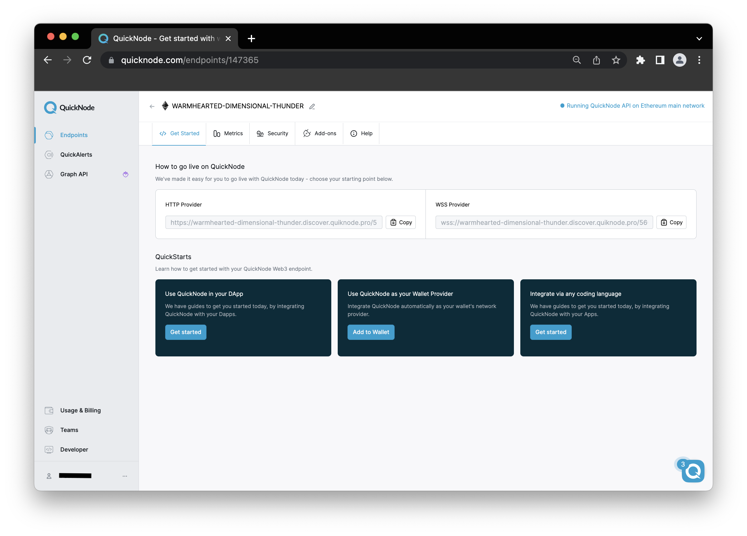 Screenshot of Quicknode Ethereum endpoint