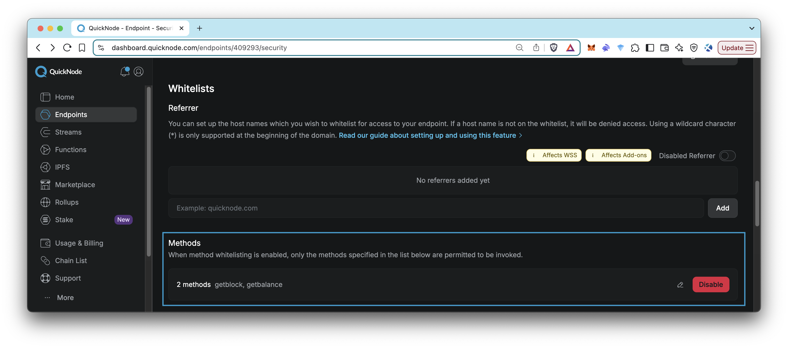 QuickNode Dashboard - Method Restrictions