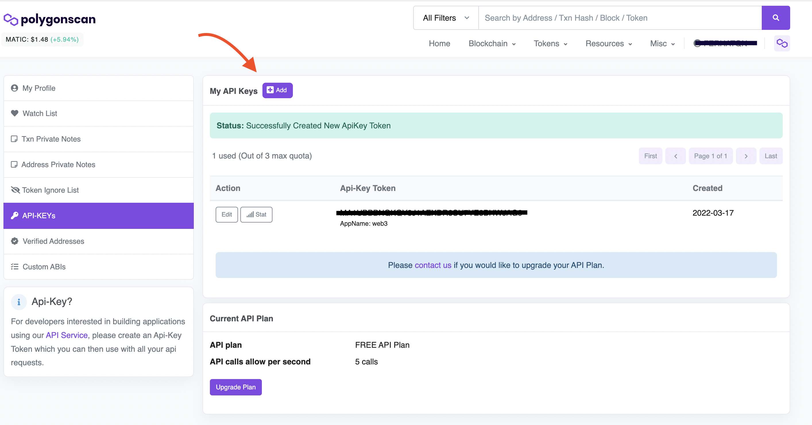 polygonscan api keys page