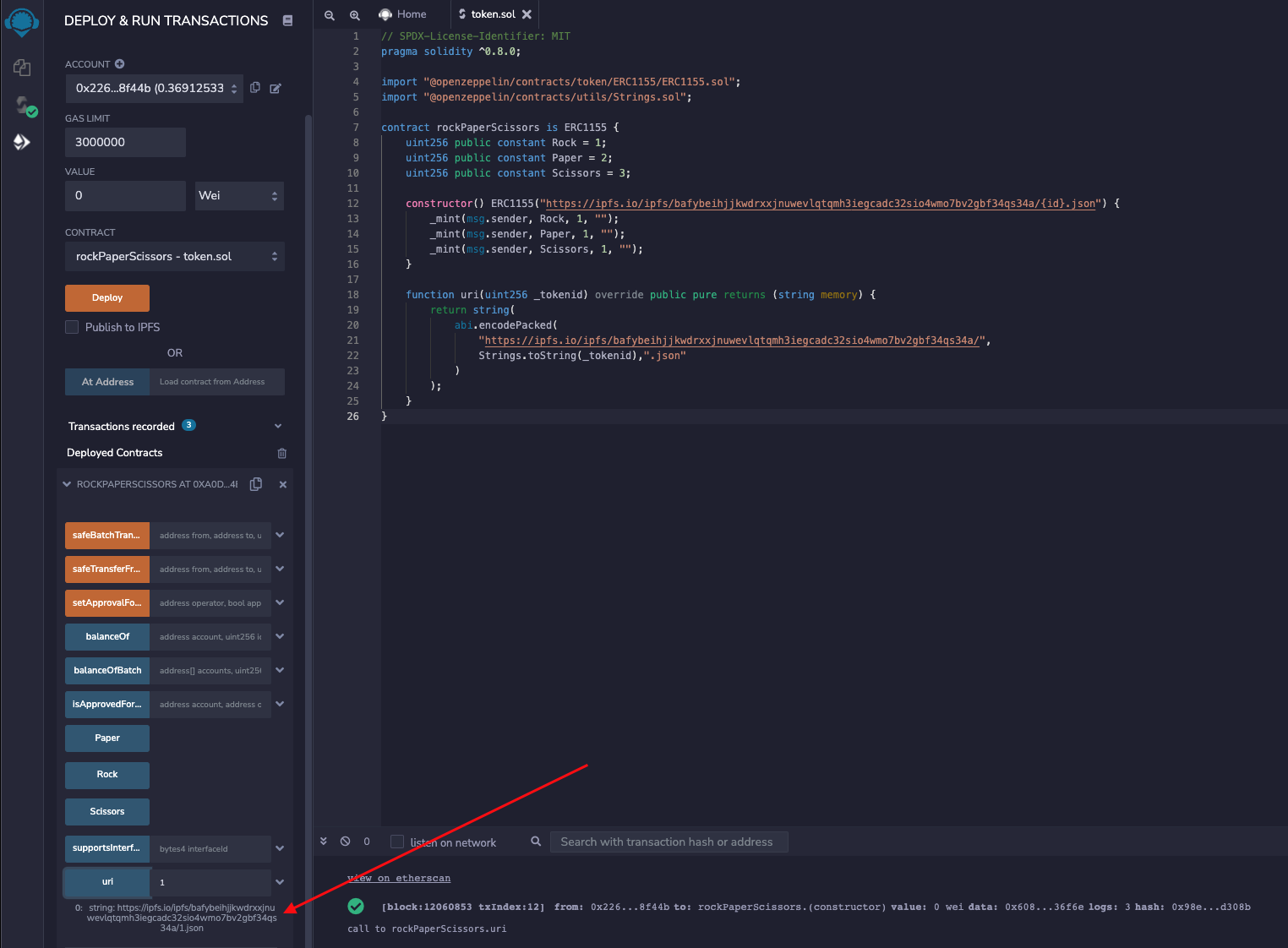 REMIX window with output as OpenSea compatible URI.