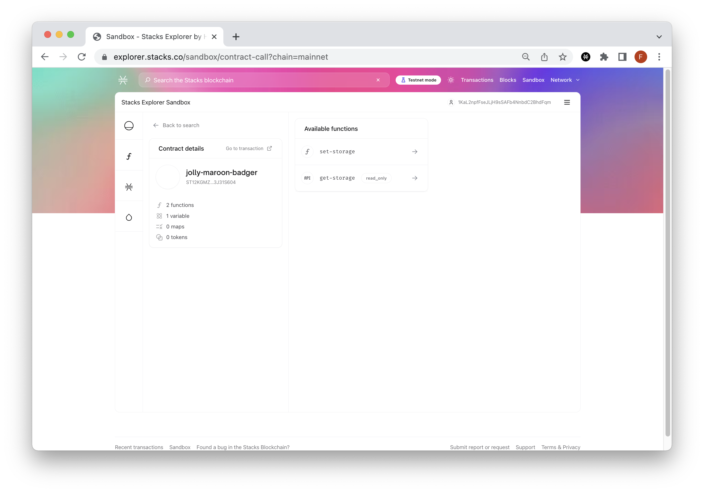 Call contract tab Stacks Explorer Sandbox