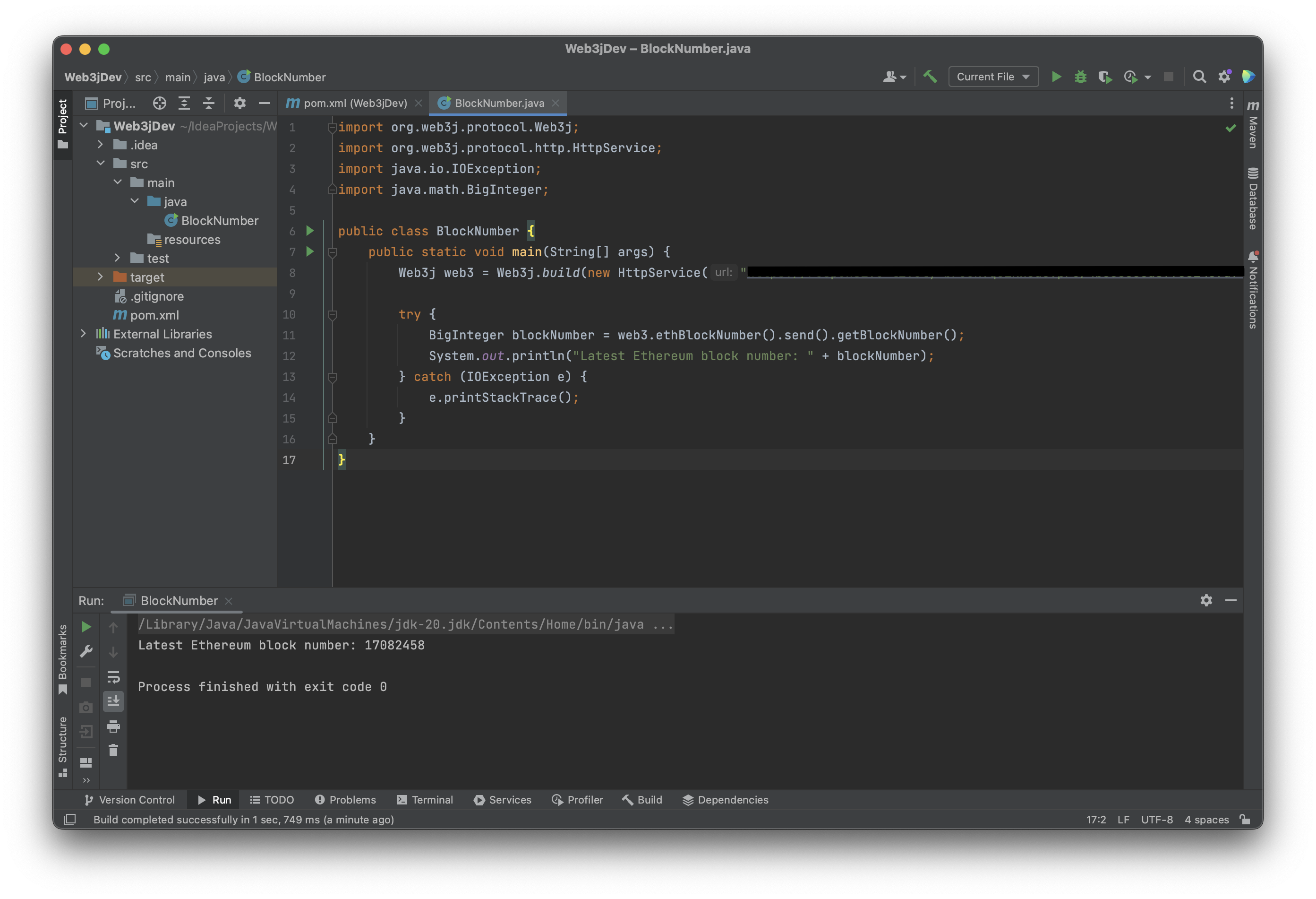 Output of BlockNumber.java execution on IntelliJ