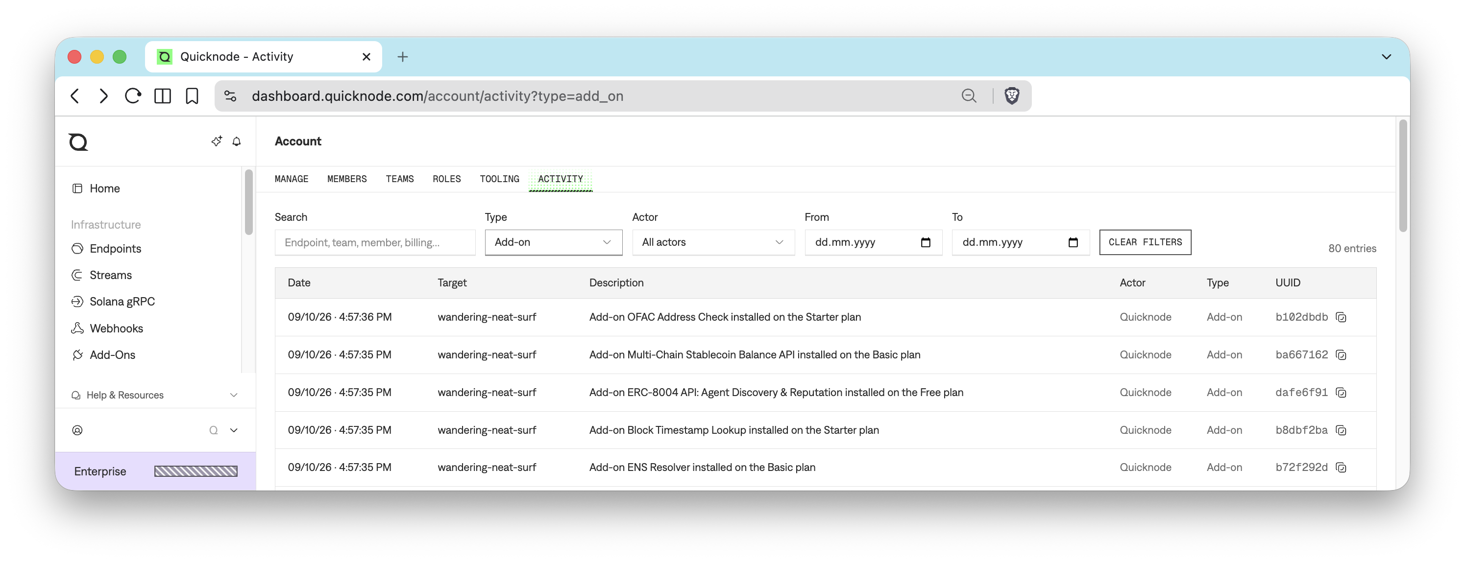 Quicknode account Activity tab