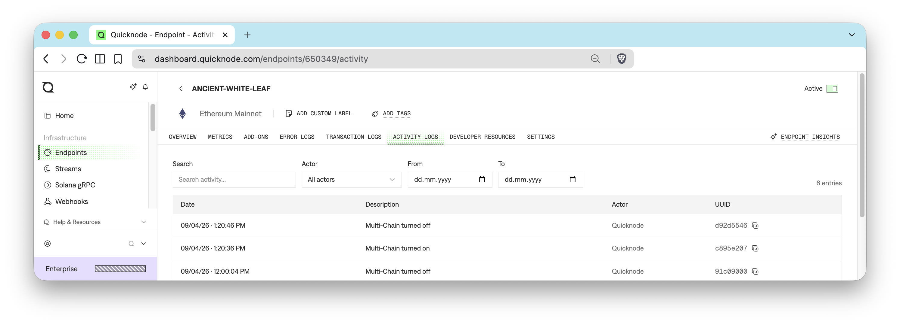 Quicknode endpoint Activity Logs tab