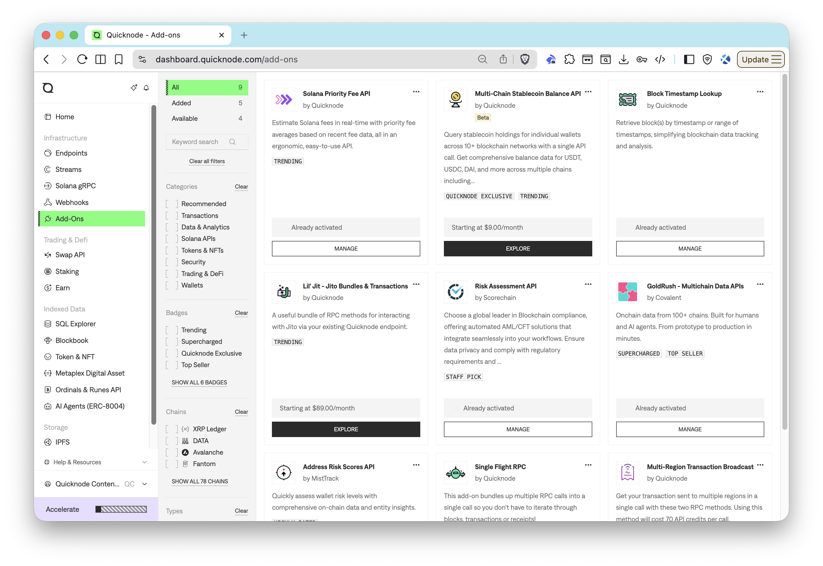 Quicknode Add-ons tab