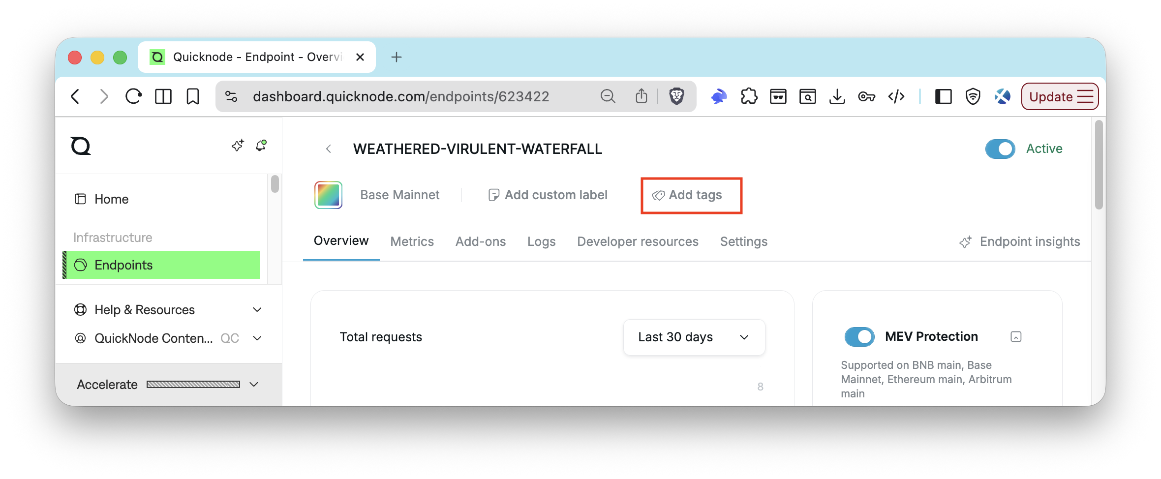 Quicknode Dashboard - Add Tags