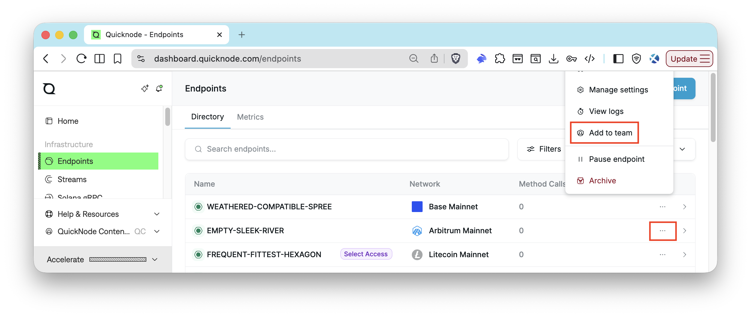 Quicknode Dashboard - Add to Team