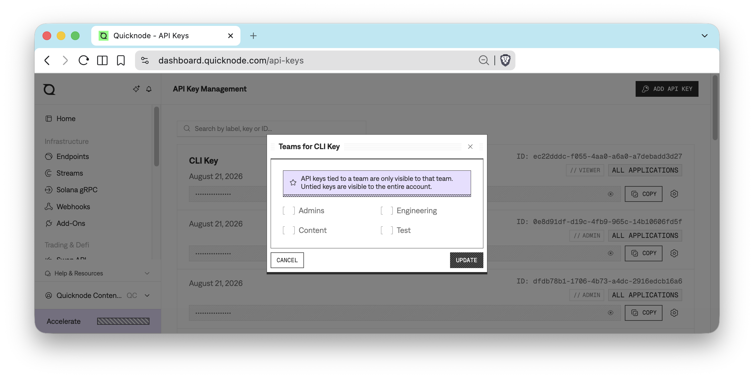 Assign an API key to a team