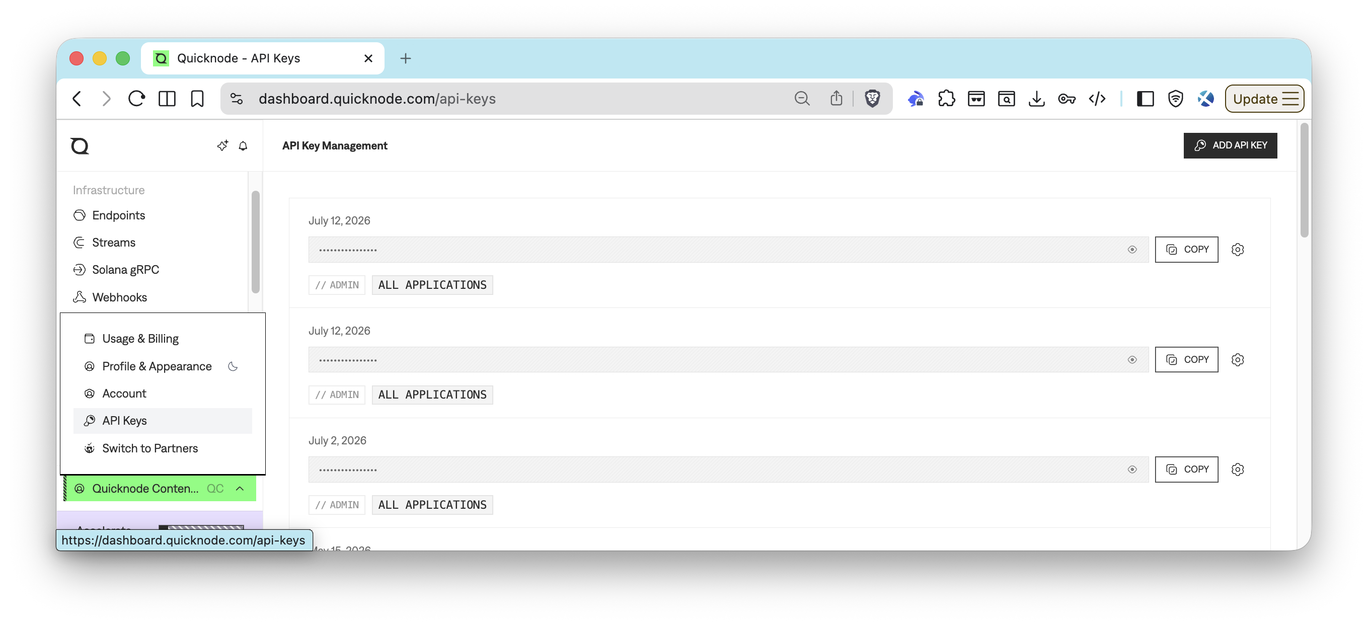 Quicknode dashboard account dropdown