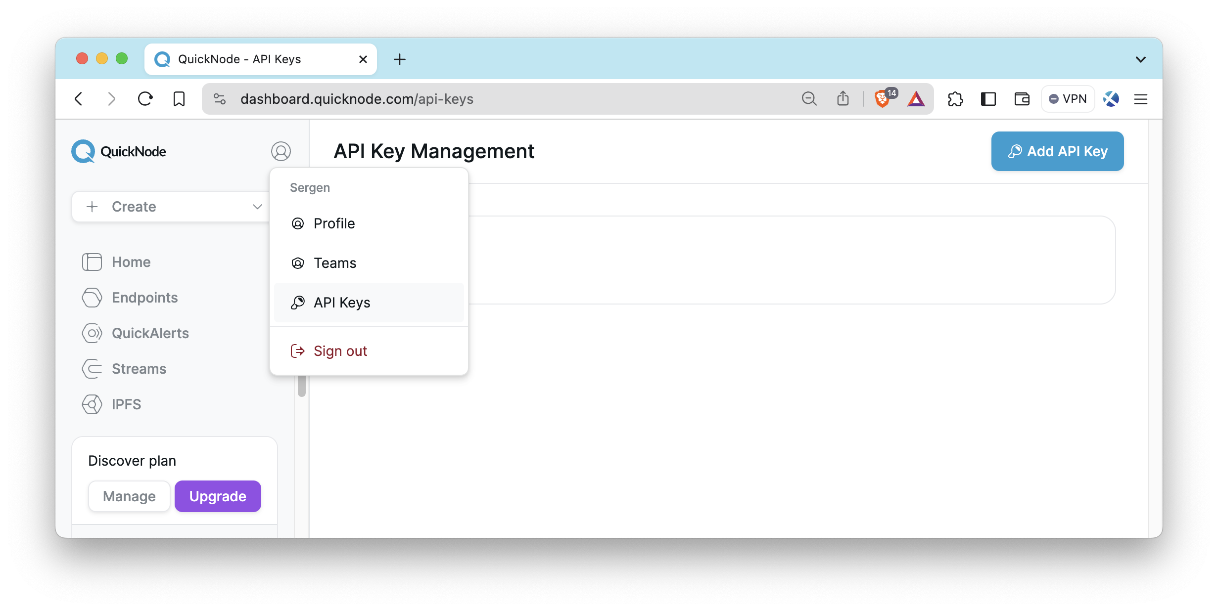 QuickNode dashboard account dropdown