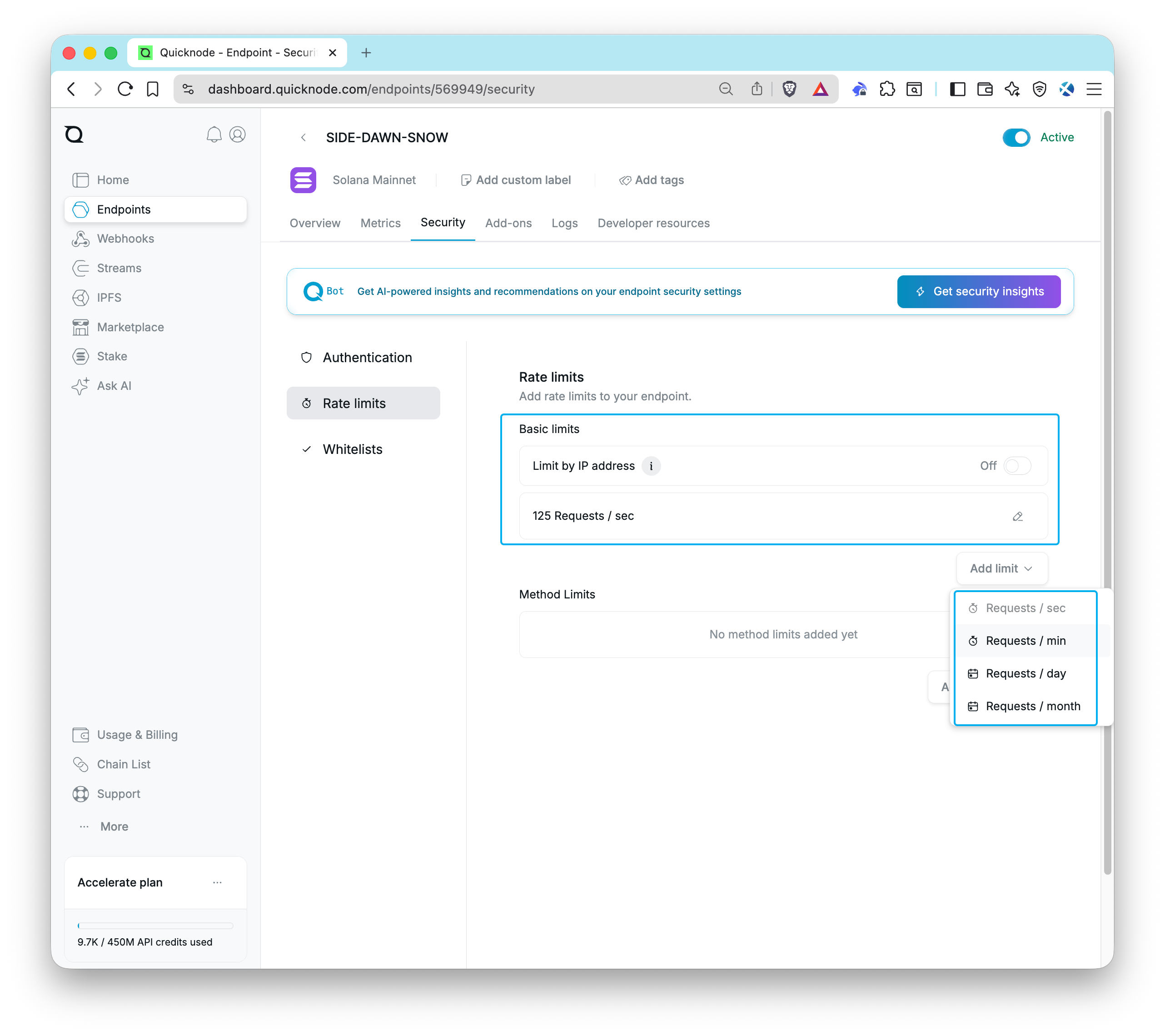 Quicknode Dashboard - Rate Limiting