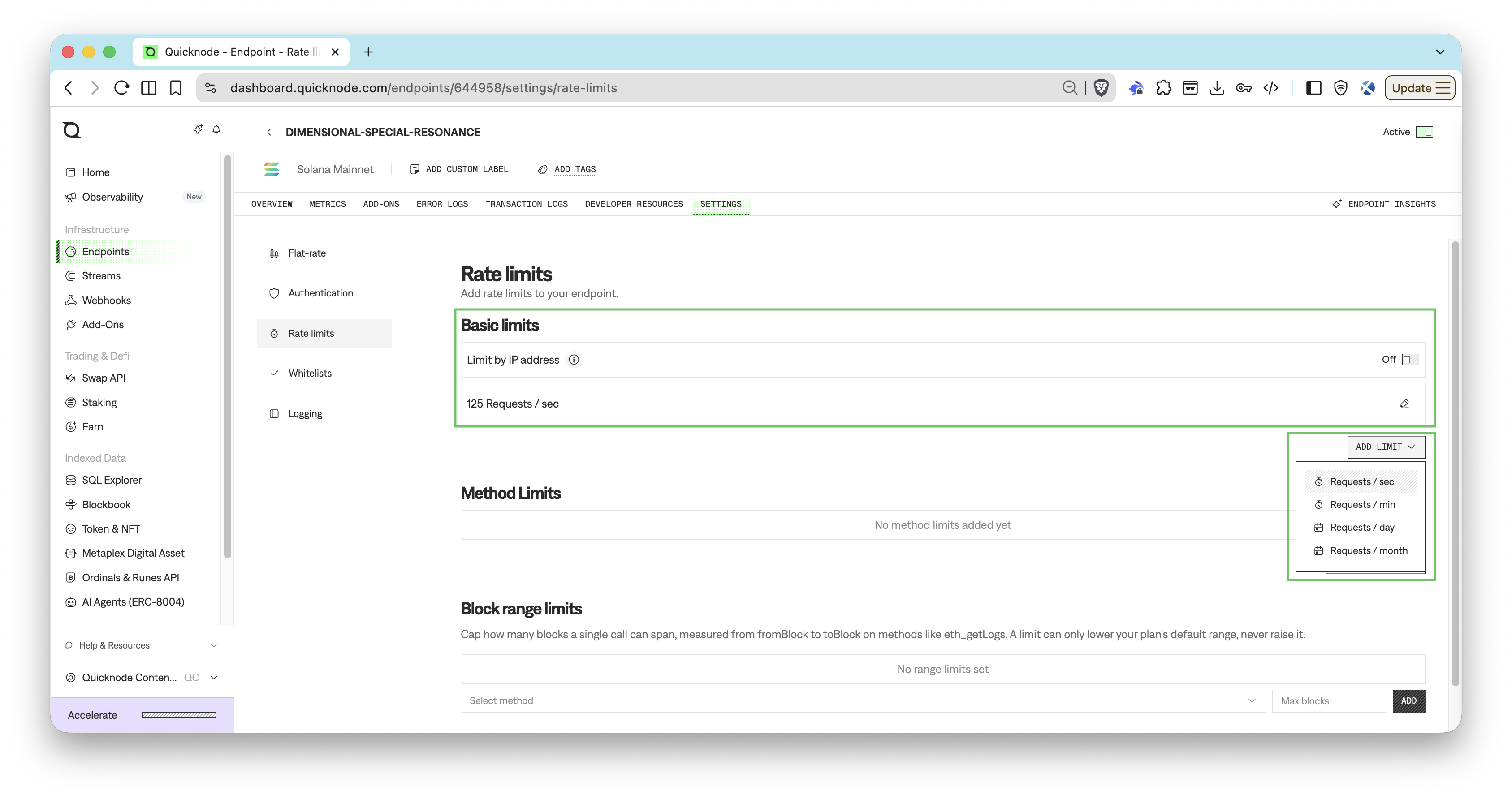 Quicknode Dashboard - Rate Limiting