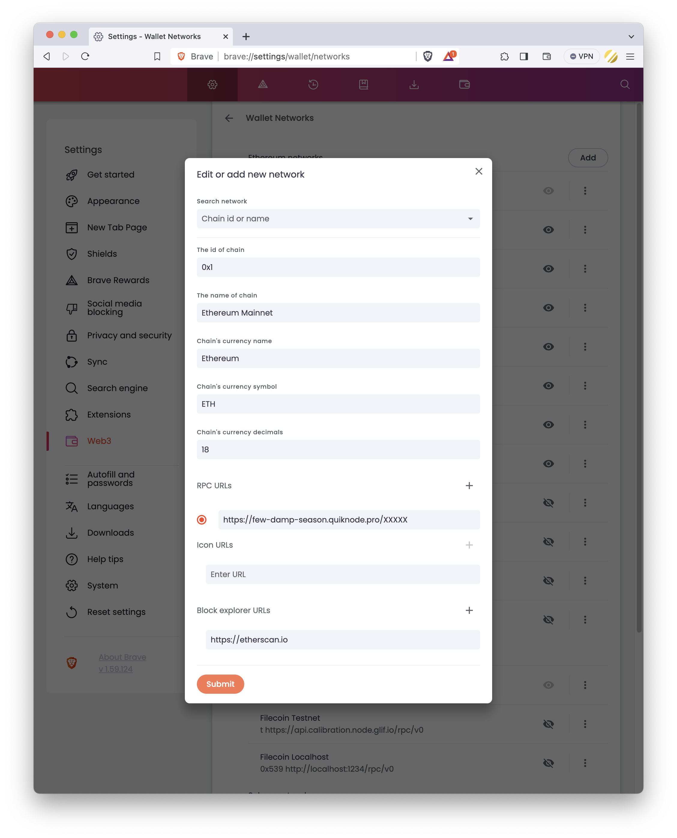 Brave Wallet Add/Edit Network Tab