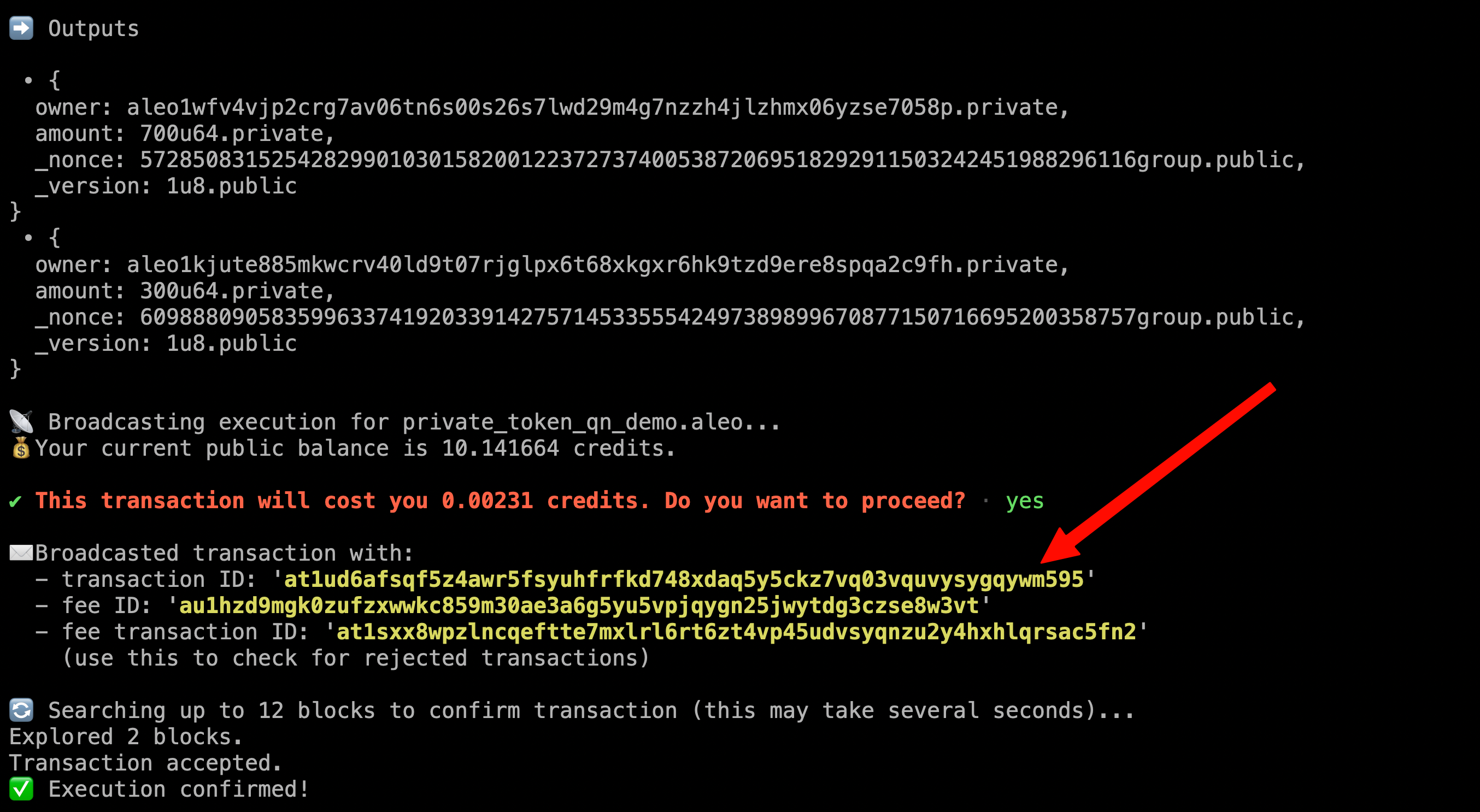 CLI output showing the two output records and the transaction ID